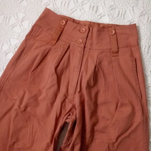 Tiny Wide Leg Pants Orange Pleat Front Ankle Crop Cuffed Hem High Rise S Women - Picture 2 of 10